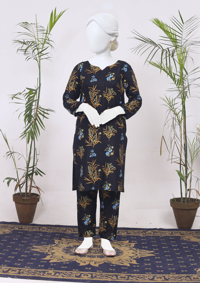 Eshaal Black Linen Outfit with Floral Block Printing