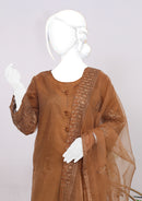 Zarqa Embroidered Brown Three Piece Organza Tissue Suit