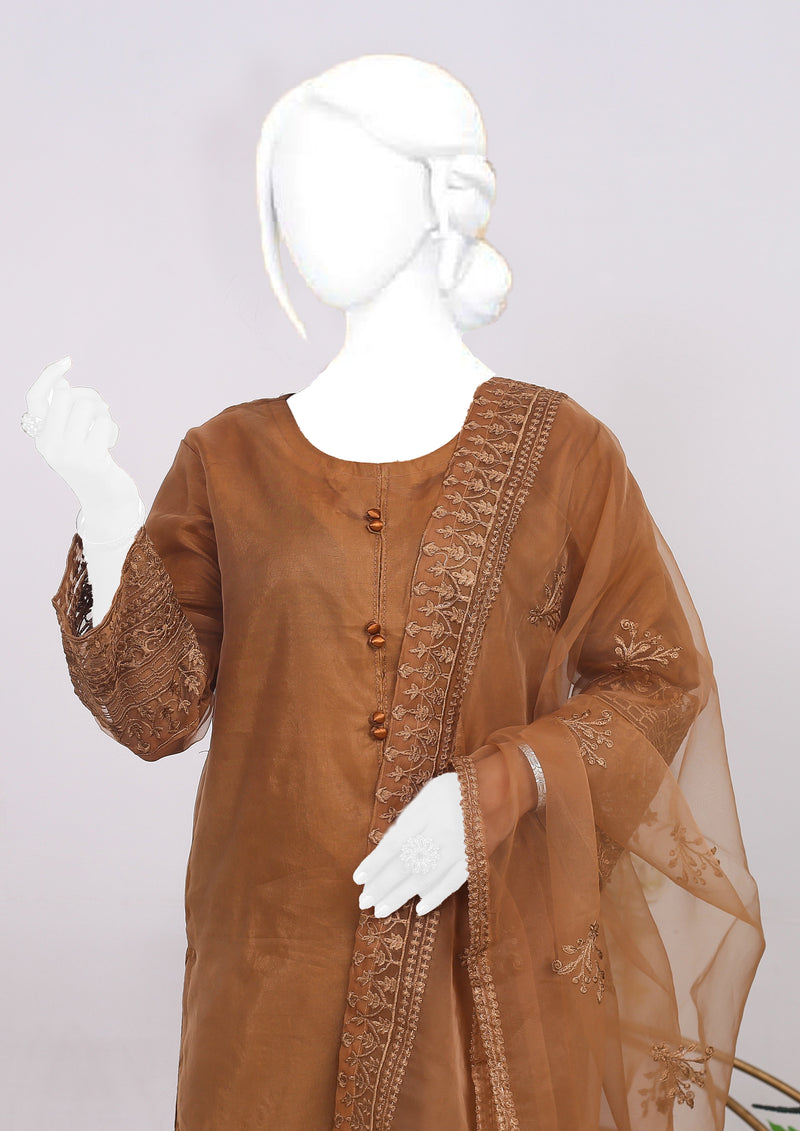 Zarqa Embroidered Brown Three Piece Organza Tissue Suit