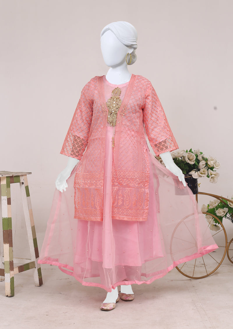 Mehrunisa Embroidered Three Piece Suit with Organza Jacket and Pearl-Punched Maxy