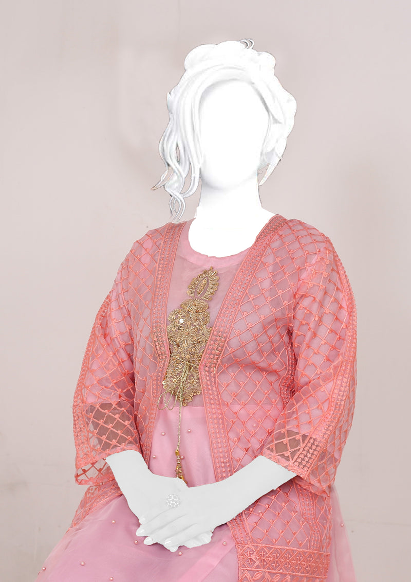 Mehrunisa Embroidered Three Piece Suit with Organza Jacket and Pearl-Punched Maxy