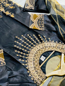 Mehak Three-Piece: Luxurious Silk with Golden Embroidery and Organza Dupatta