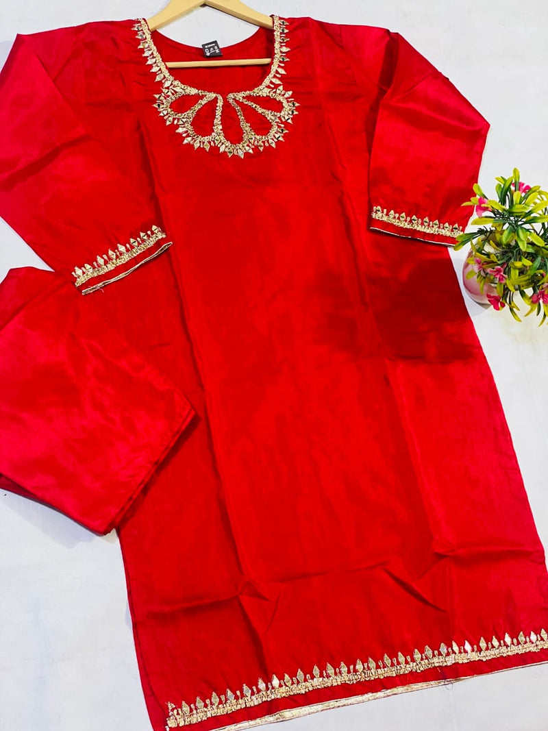 Dazzling Durkhshan Silk Two-Piece Suit with Embroidered Mirror Work and Lace